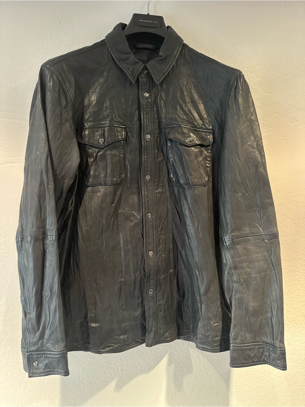 John Varvatos Black Leather Overshirt with Chest Flap Pockets